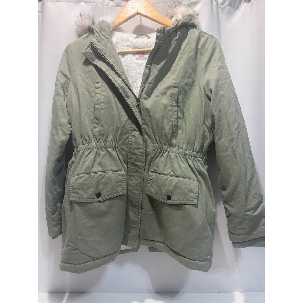 The Childrens Place Parka Jacket Kids Size 16 XXL Olive Green Faux Fur Hood Coat